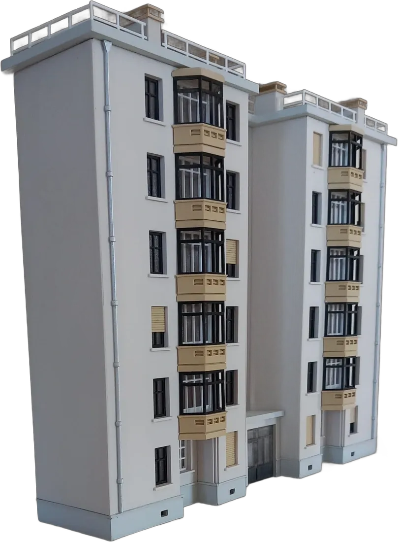 Immeuble Tony Garnier vu de trois quarts, bow-windows et toits-terrasses